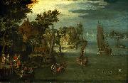 Jan Brueghel A Busy River Scene with Dutch Vessels and a Ferry